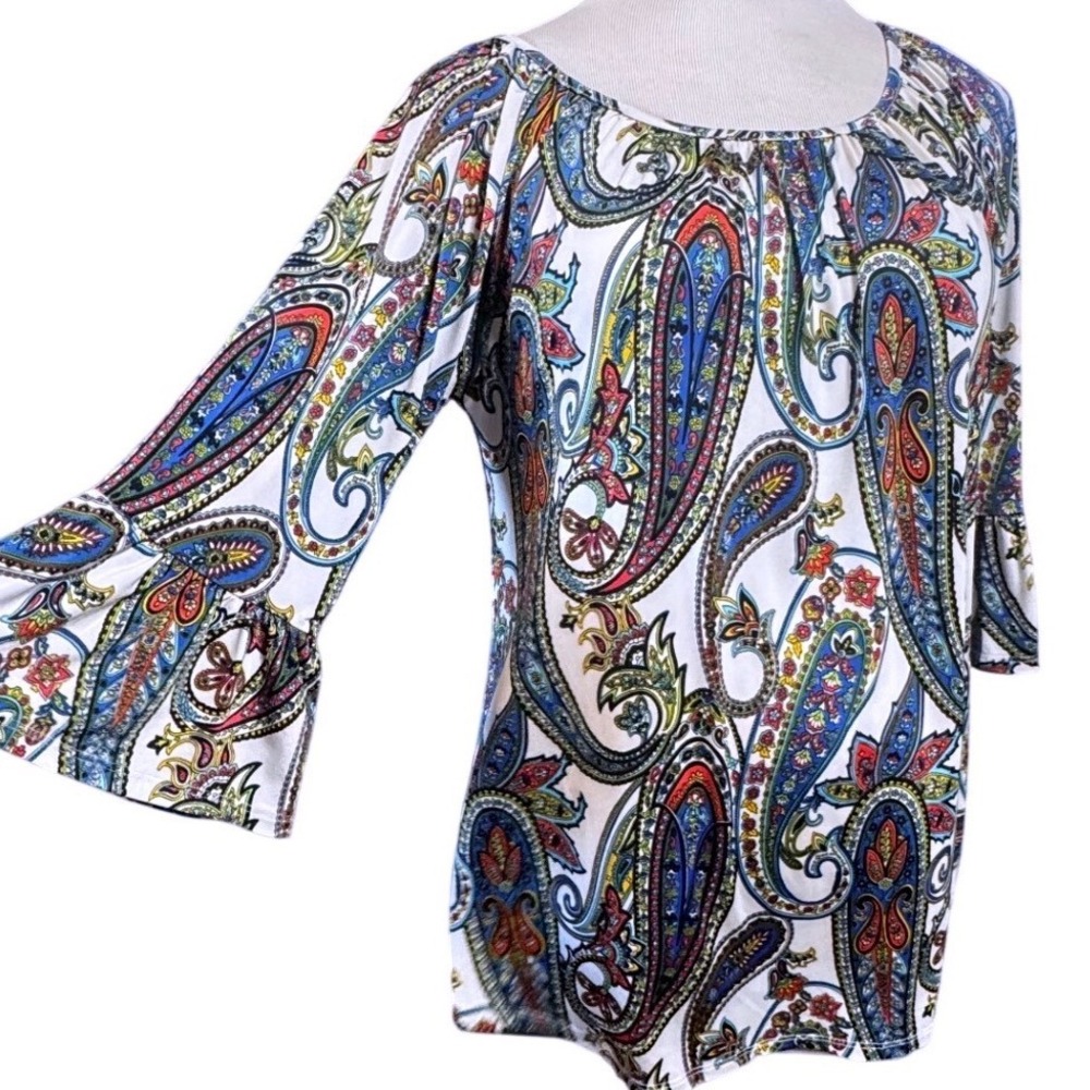R‎ Rouge Blouse Womens Medium Paisley Bell Sleeve Boho Artsy Multicolor Top